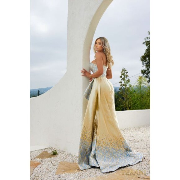 Gold Gray One Shoulder Asymmetrical A-Line Embroidered Evening Gown - Picture 3 of 3